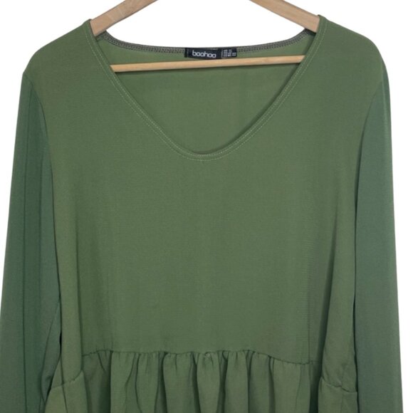 BOOHOO | Olive Green Long Sleeve Ruffle Cropped Top | Size 12 - Picture 3 of 11